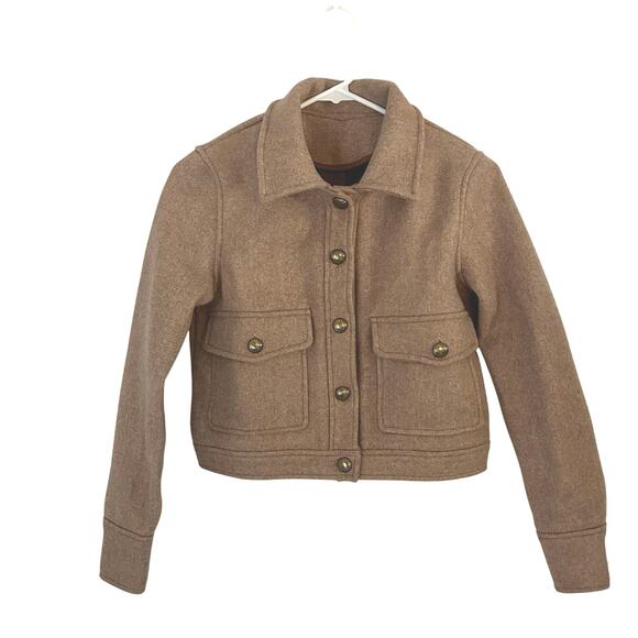 OGL Women's Point Collar Short Cropped Cargo Button Jacket Coat Caramel XS New - Picture 2 of 9